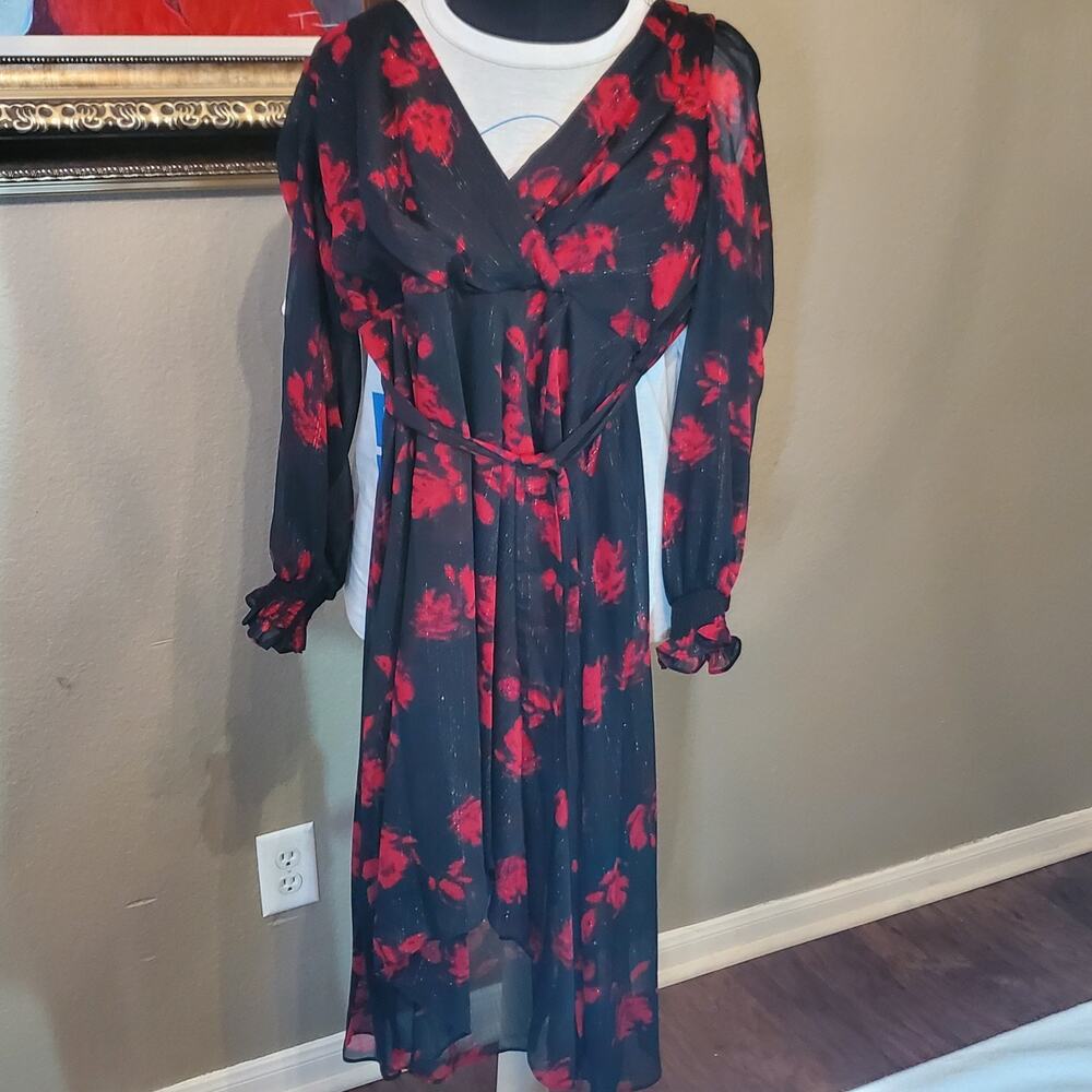 DKNY Womens Size 6 Dress Black Red Floral Chiffon Faux Wrap Long Sleeve Midi